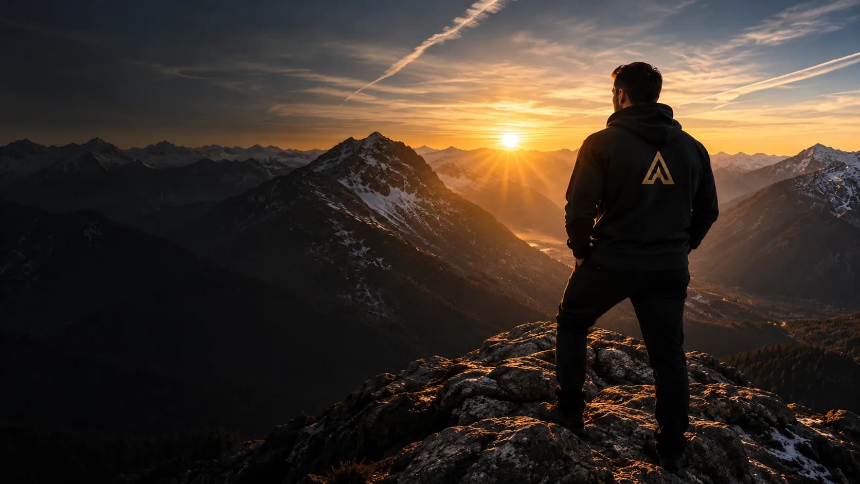 An Architect looking toward a golden sunrise over mountain peaks